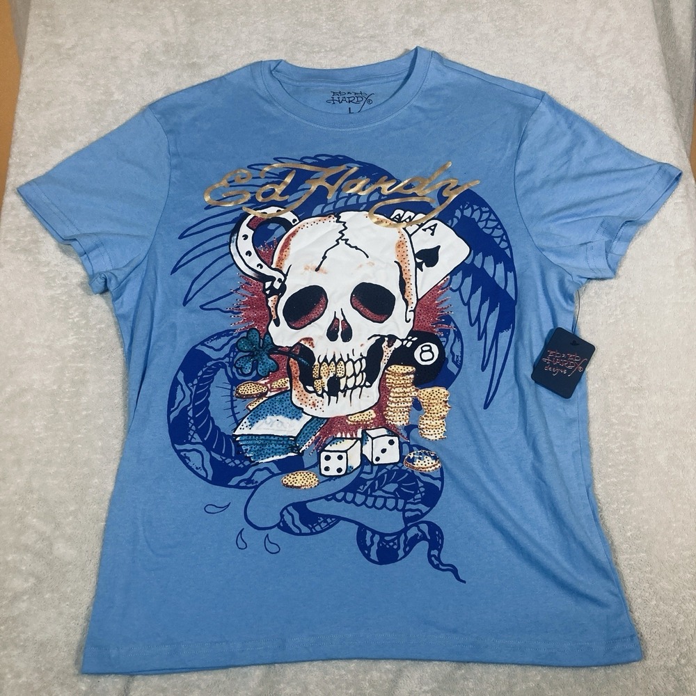 Ed Hardy Shirt Mens Small Blue Skull Bones Rhinestone Capri New Y2k Style Dice
